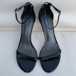Stuart Weitzman $475 Nudistsong Strap Sandal 100mm Black Patent Leather Size 8